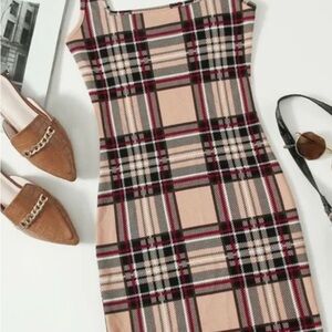 SHEIN Beige and Red Plaid Mini Dress
